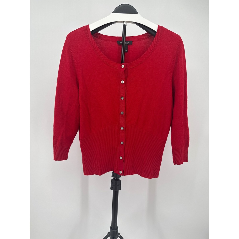 White House Black Market Red Button Front Ribbed Hem Cardigan Sweater Large